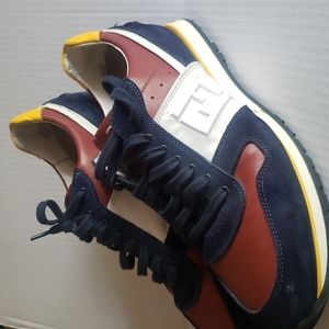 authentic Fendi  Leather/Suede and Yellow Tweed FF Logo Band Lace Up Sneaker